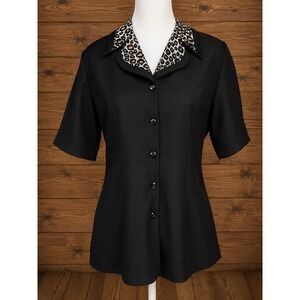 Vintage Hiroko Black Button Up Shirt w/ Leopard Print Collar  Rockabilly Pinup
